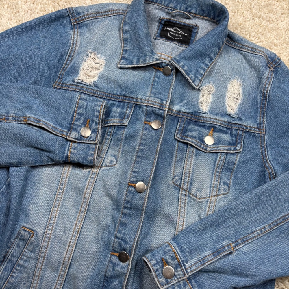 American Bazi Denim Jacket Women Small Blue Distressed Savage Lion Graphic